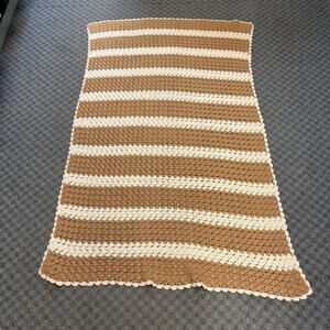 Handmade Crochet Striped Throw Blanket 68x45 Tan White Neutral Cottagecore